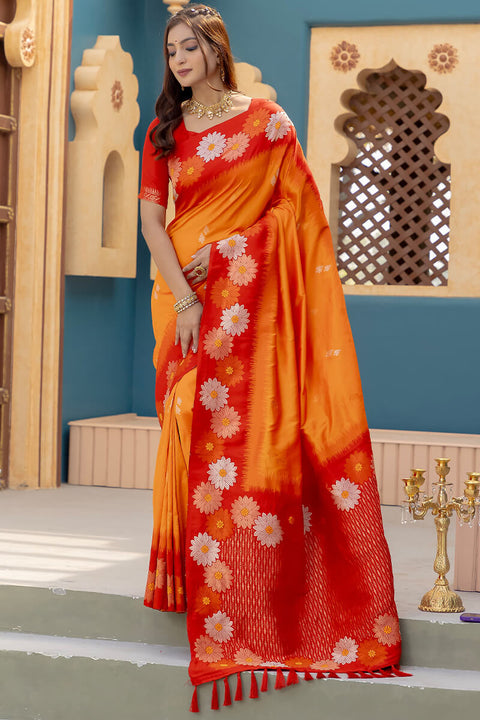 VastraLakshmi Lustrous Orange Soft Banarasi Silk Saree With Dulcet Blouse Piece