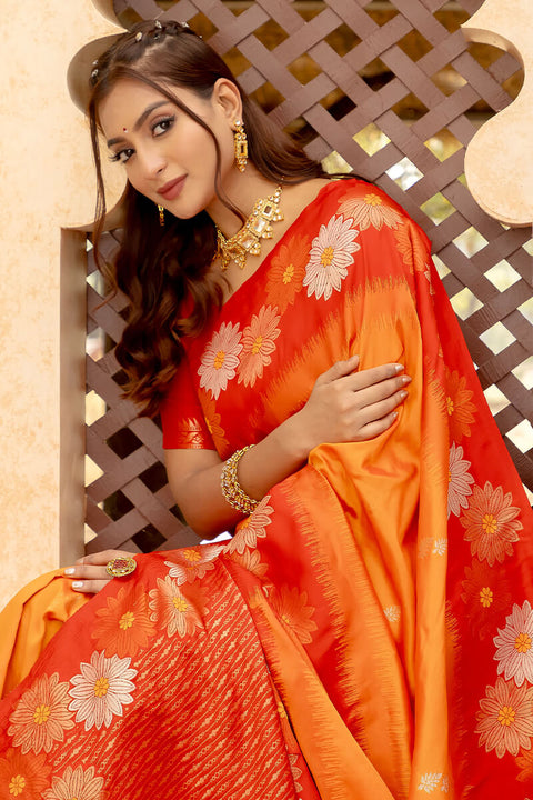 VastraLakshmi Lustrous Orange Soft Banarasi Silk Saree With Dulcet Blouse Piece