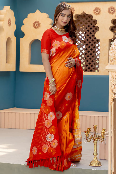 VastraLakshmi Lustrous Orange Soft Banarasi Silk Saree With Dulcet Blouse Piece