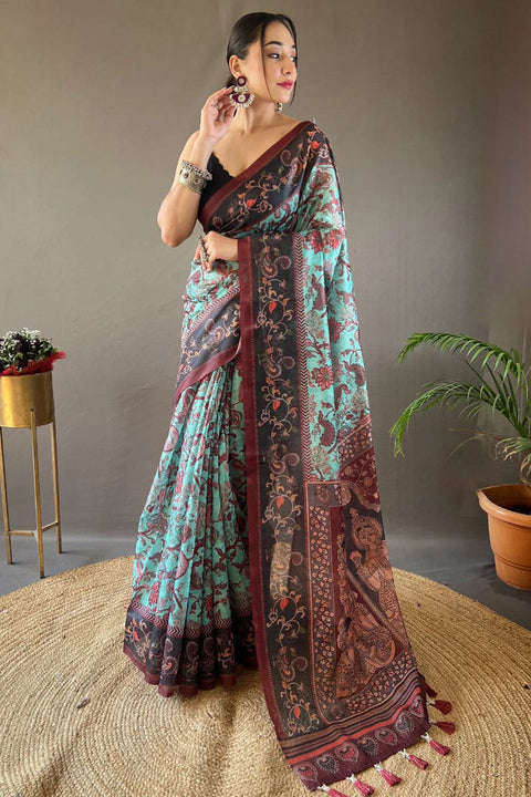 VastraLakshmi Imbrication Firozi Digital Printed Cotton Silk Saree With Epiphany Blouse Piece