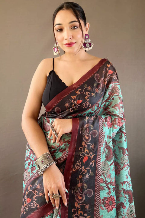 VastraLakshmi Imbrication Firozi Digital Printed Cotton Silk Saree With Epiphany Blouse Piece