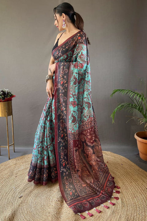 VastraLakshmi Imbrication Firozi Digital Printed Cotton Silk Saree With Epiphany Blouse Piece