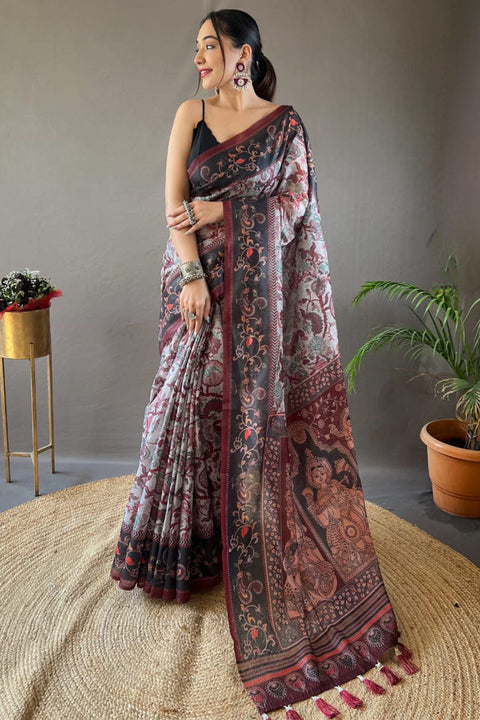 VastraLakshmi Cynosure Grey Digital Printed Cotton Silk Saree With Beleaguer Blouse Piece