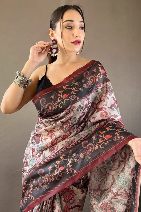 VastraLakshmi Cynosure Grey Digital Printed Cotton Silk Saree With Beleaguer Blouse Piece