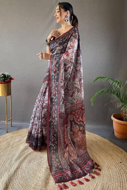 VastraLakshmi Cynosure Grey Digital Printed Cotton Silk Saree With Beleaguer Blouse Piece