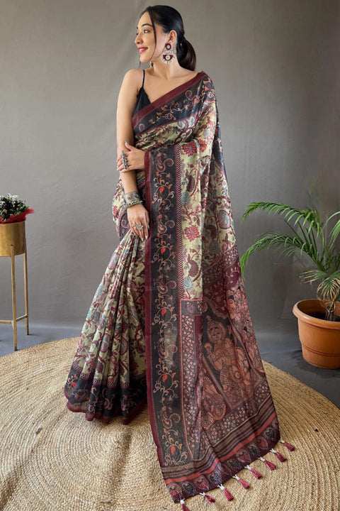 VastraLakshmi Exceptional Pista Digital Printed Cotton Silk Saree With Arresting Blouse Piece