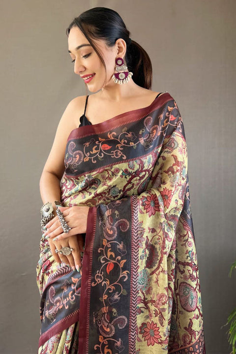 VastraLakshmi Exceptional Pista Digital Printed Cotton Silk Saree With Arresting Blouse Piece