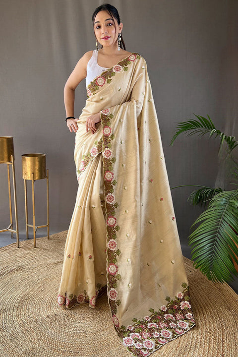 VastraLakshmi Stunning Beige Embroidery Work Tussar Silk Saree With Dazzling Blouse Piece