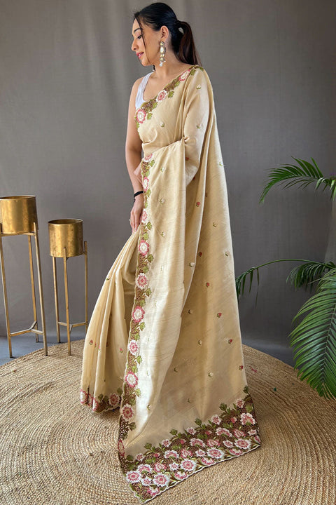 VastraLakshmi Stunning Beige Embroidery Work Tussar Silk Saree With Dazzling Blouse Piece