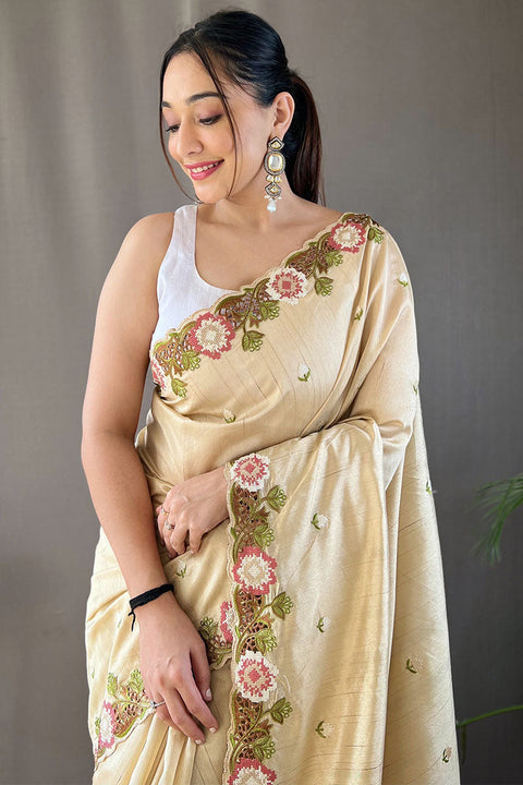 VastraLakshmi Stunning Beige Embroidery Work Tussar Silk Saree With Dazzling Blouse Piece