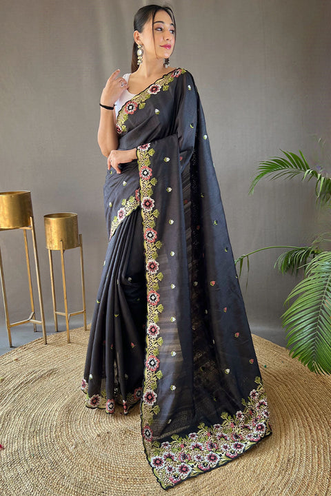 VastraLakshmi Jazzy Black Embroidery Work Tussar Silk Saree With Girlish Blouse Piece