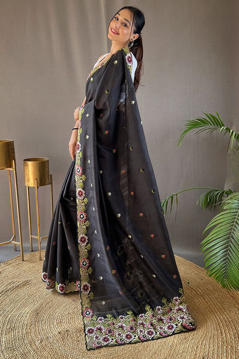 VastraLakshmi Jazzy Black Embroidery Work Tussar Silk Saree With Girlish Blouse Piece