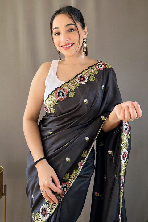 VastraLakshmi Jazzy Black Embroidery Work Tussar Silk Saree With Girlish Blouse Piece