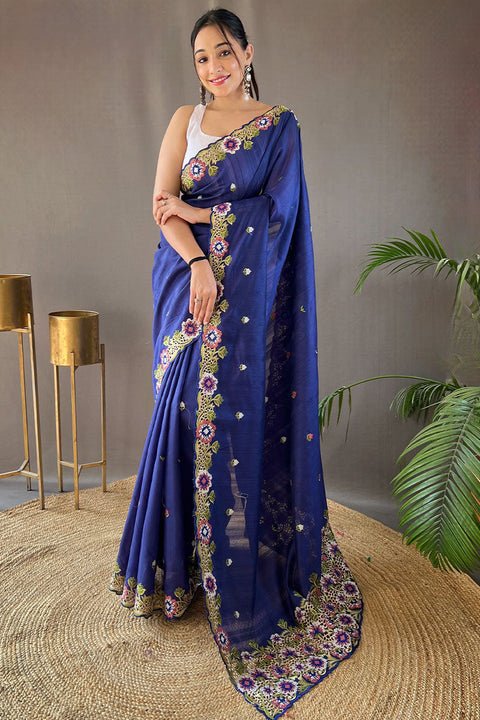 VastraLakshmi Amazing Blue Embroidery Work Tussar Silk Saree With Skinny Blouse Piece