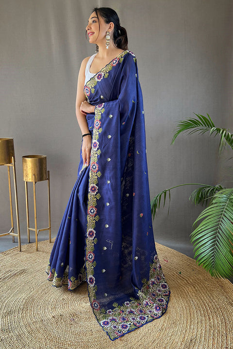 VastraLakshmi Amazing Blue Embroidery Work Tussar Silk Saree With Skinny Blouse Piece