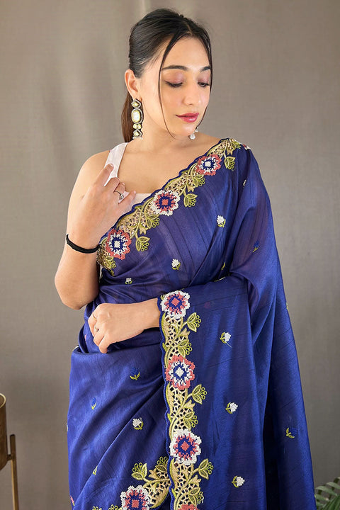 VastraLakshmi Amazing Blue Embroidery Work Tussar Silk Saree With Skinny Blouse Piece