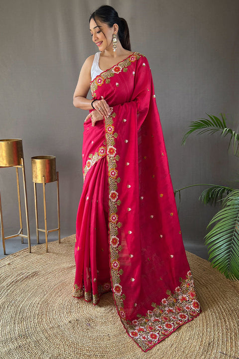 VastraLakshmi Charming Dark Pink Embroidery Work Tussar Silk Saree With Mesmeric Blouse Piece