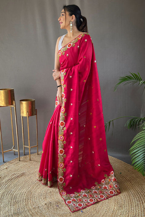 VastraLakshmi Charming Dark Pink Embroidery Work Tussar Silk Saree With Mesmeric Blouse Piece