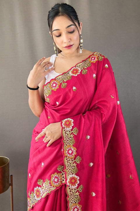 VastraLakshmi Charming Dark Pink Embroidery Work Tussar Silk Saree With Mesmeric Blouse Piece