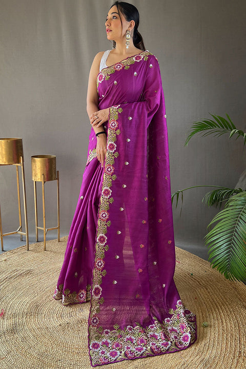 VastraLakshmi Redolent Purple Embroidery Work Tussar Silk Saree With Splendiferous Blouse Piece