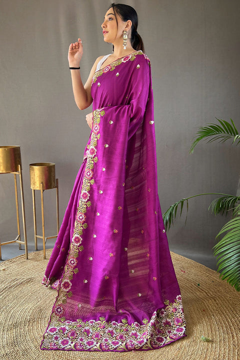 VastraLakshmi Redolent Purple Embroidery Work Tussar Silk Saree With Splendiferous Blouse Piece