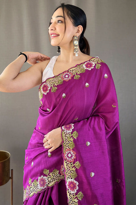 VastraLakshmi Redolent Purple Embroidery Work Tussar Silk Saree With Splendiferous Blouse Piece