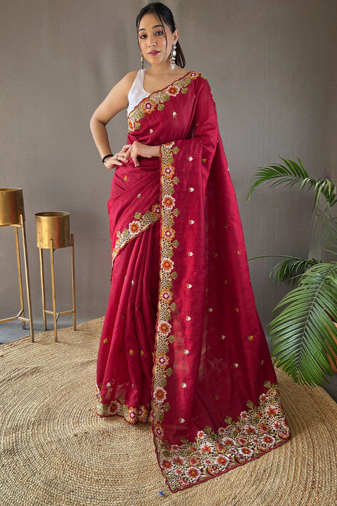 VastraLakshmi Improbable Wine Embroidery Work Tussar Silk Saree With Elaborate Blouse Piece