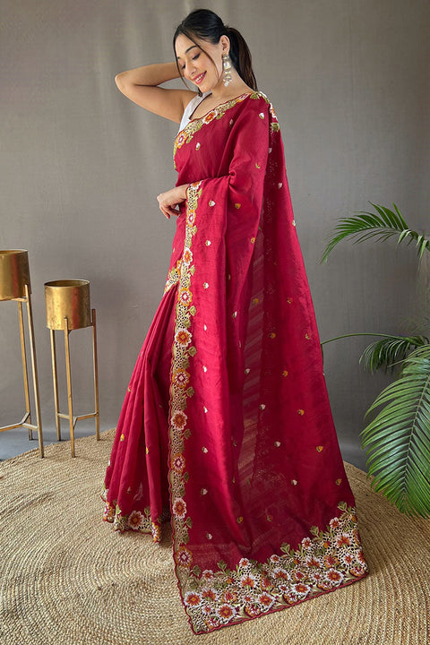 VastraLakshmi Improbable Wine Embroidery Work Tussar Silk Saree With Elaborate Blouse Piece