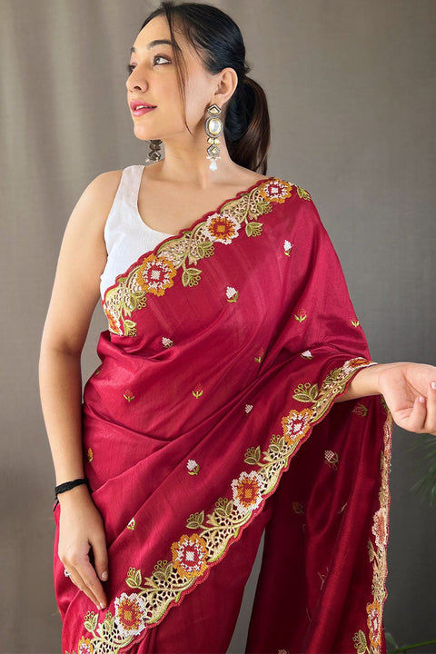 VastraLakshmi Improbable Wine Embroidery Work Tussar Silk Saree With Elaborate Blouse Piece