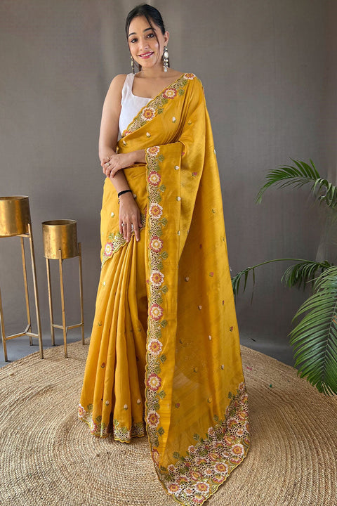 VastraLakshmi Aplomb Yellow Embroidery Work Tussar Silk Saree With Ethereal Blouse Piece