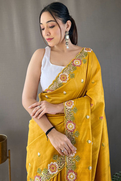 VastraLakshmi Aplomb Yellow Embroidery Work Tussar Silk Saree With Ethereal Blouse Piece