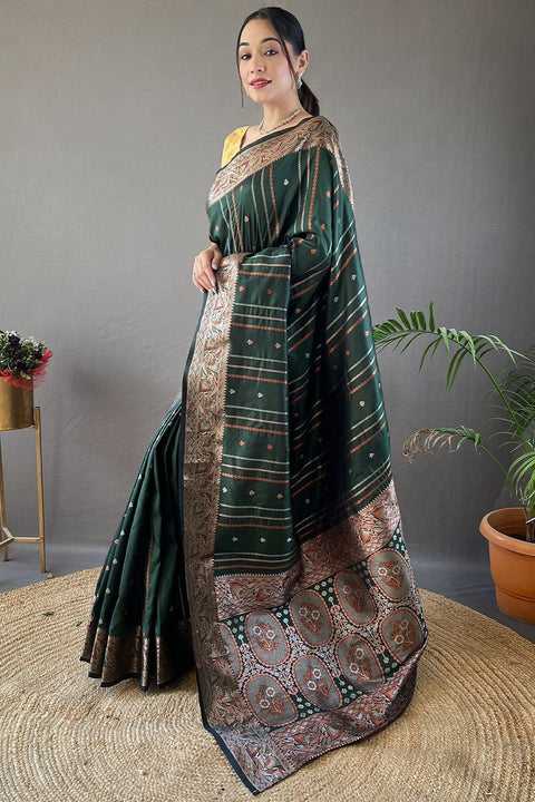 VastraLakshmi Amiable Dark Green Soft Banarasi Silk Saree With Serendipity Blouse Piece