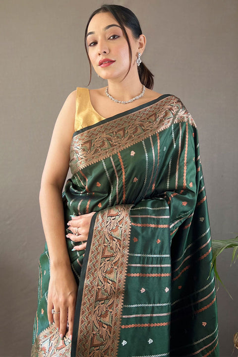 VastraLakshmi Amiable Dark Green Soft Banarasi Silk Saree With Serendipity Blouse Piece