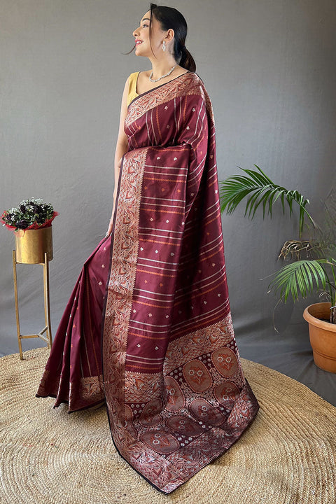 VastraLakshmi Imbrication Maroon Soft Banarasi Silk Saree With Ebullience Blouse Piece