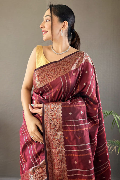 VastraLakshmi Imbrication Maroon Soft Banarasi Silk Saree With Ebullience Blouse Piece