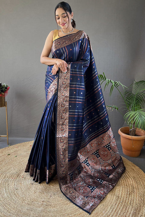 VastraLakshmi Assemblage Navy Blue Soft Banarasi Silk Saree With Beauteous Blouse Piece