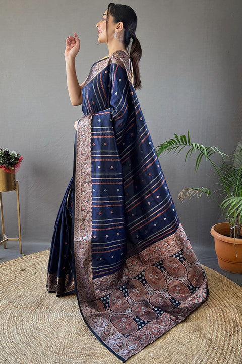 VastraLakshmi Assemblage Navy Blue Soft Banarasi Silk Saree With Beauteous Blouse Piece