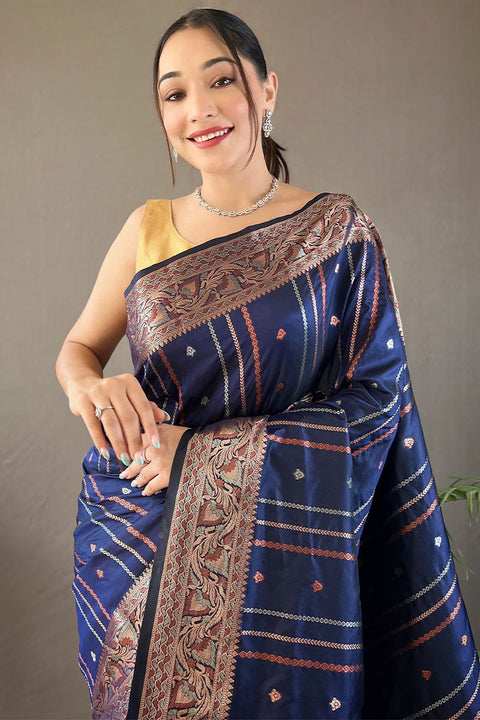 VastraLakshmi Assemblage Navy Blue Soft Banarasi Silk Saree With Beauteous Blouse Piece