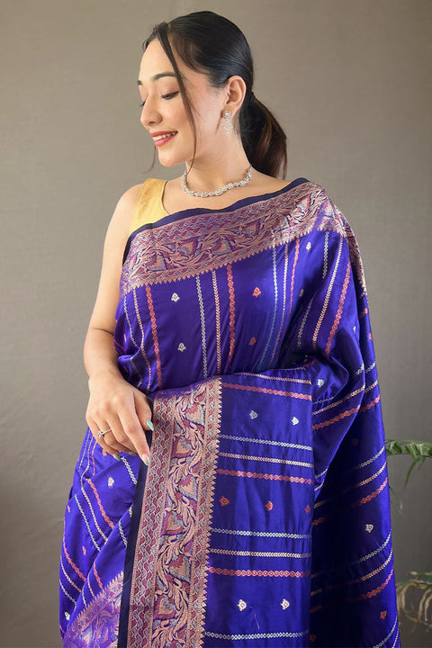 VastraLakshmi Groovy Royal Blue Soft Banarasi Silk Saree With Blooming Blouse Piece