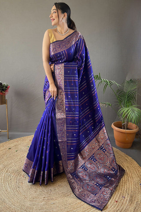 VastraLakshmi Groovy Royal Blue Soft Banarasi Silk Saree With Blooming Blouse Piece