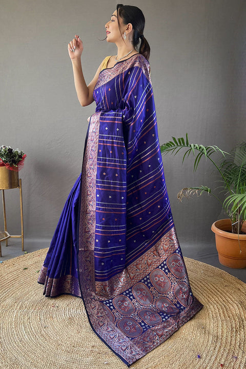 VastraLakshmi Groovy Royal Blue Soft Banarasi Silk Saree With Blooming Blouse Piece