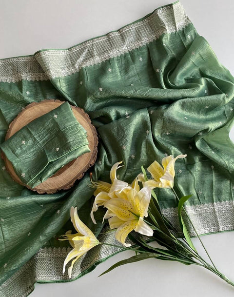 VastraLakshmi Impressive Green Embroidery Work Crush Silk Saree With Ravishing Blouse Piece