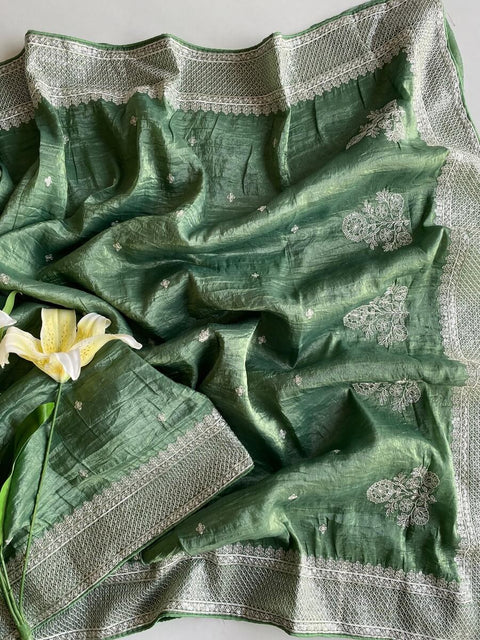 VastraLakshmi Impressive Green Embroidery Work Crush Silk Saree With Ravishing Blouse Piece