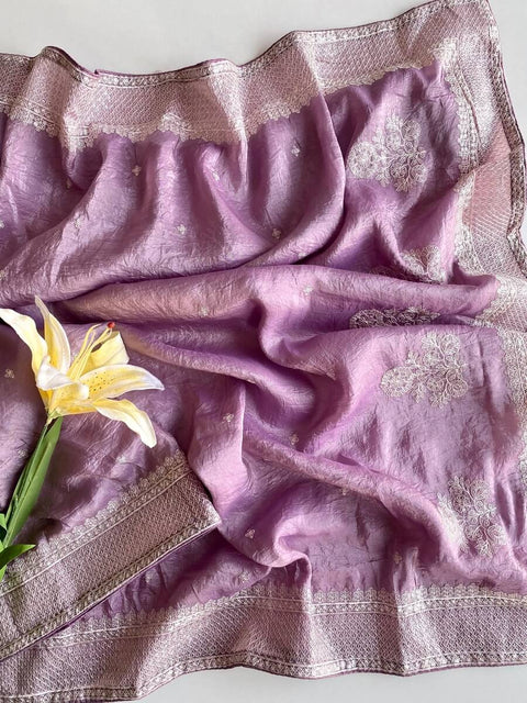 VastraLakshmi Prettiest Lavender Embroidery Work Crush Silk Saree With Angelic Blouse Piece