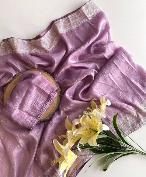 VastraLakshmi Prettiest Lavender Embroidery Work Crush Silk Saree With Angelic Blouse Piece