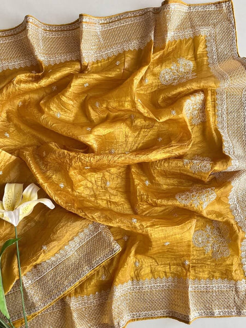 VastraLakshmi Brood Mustard Embroidery Work Crush Silk Saree With Demure Blouse Piece