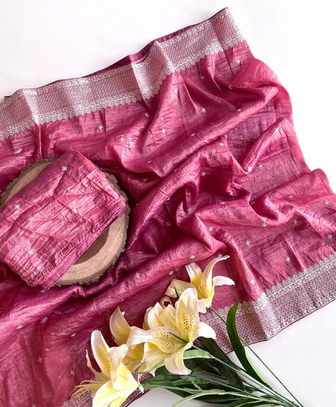 VastraLakshmi Sumptuous Pink Embroidery Work Crush Silk Saree With Pleasurable Blouse Piece