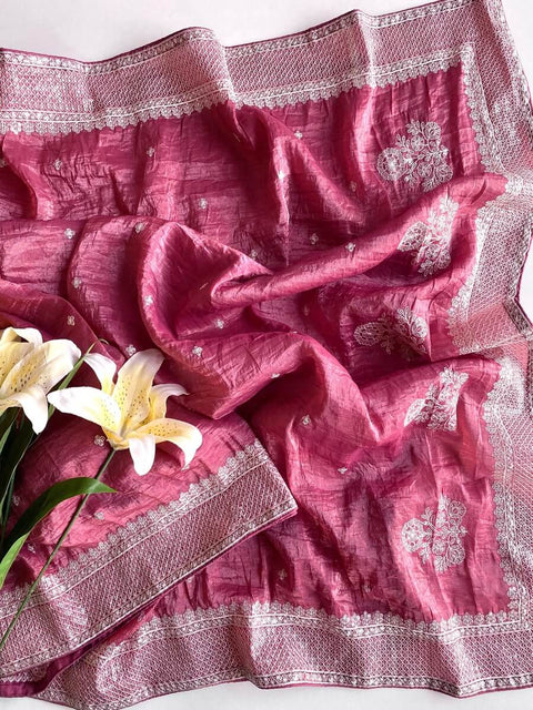 VastraLakshmi Sumptuous Pink Embroidery Work Crush Silk Saree With Pleasurable Blouse Piece