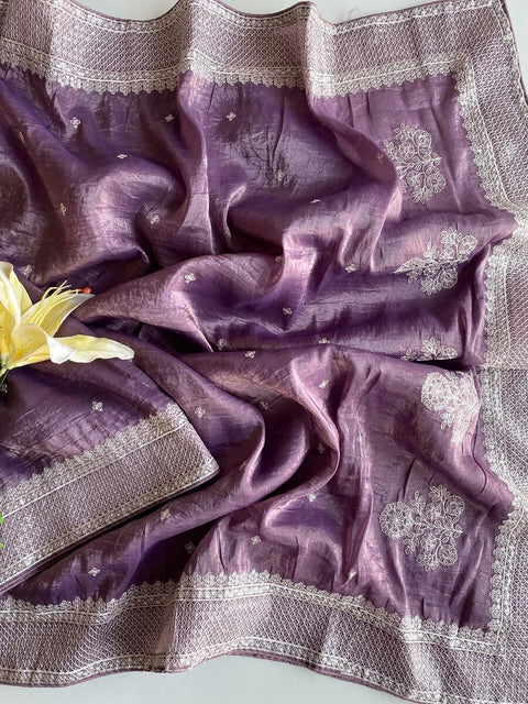 VastraLakshmi Symmetrical Purple Embroidery Work Crush Silk Saree With Imaginative Blouse Piece