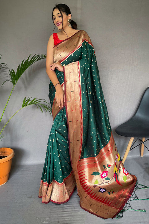 VastraLakshmi Charming Dark Green Paithani Silk Saree With Alluring Blouse Piece